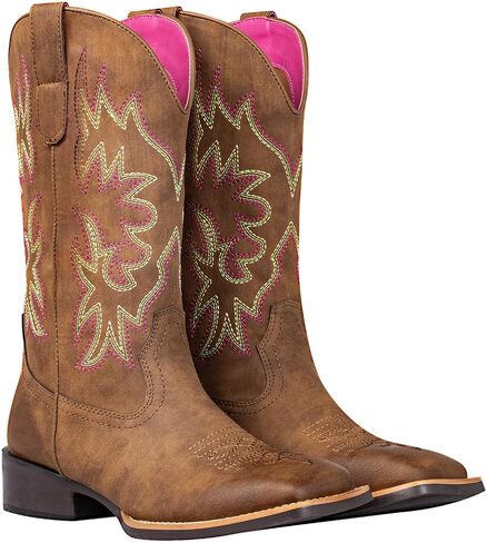Cowboy Cowgirl Boots for Women Square Toe Embroidery Stitched Wide Calf Mid Shaft- Western Chunky Heel Fashion Boots for Party Country Concert in Saudi Arabia