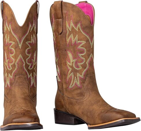 Cowboy Cowgirl Boots for Women Square Toe Embroidery Stitched Wide Calf Mid Shaft- Western Chunky Heel Fashion Boots for Party Country Concert in Saudi Arabia
