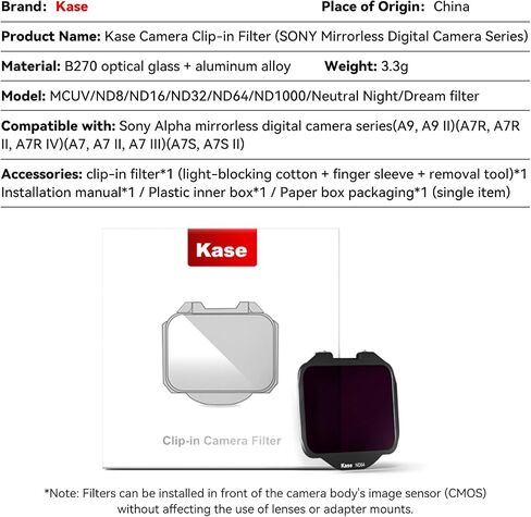 Kase Clip-in Filters ND16 4 Stop Filters Neutral Density Filters for Sony A7/A7 II/A7 III/A7R/A7R II/A7R III/A7R IV/A7S/A7S II/A7S III/A9/A9 II/FX3 Alpha Camera in Saudi Arabia