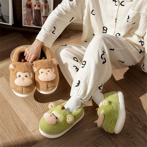 Animal Slippers for Women Cute Monkey Home Fluffy Warm Winter Indoor Men Shoes in Saudi Arabia