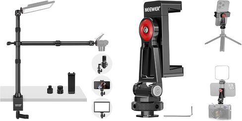 NEEWER TL253A+DS001 Table Camera Tripod with 2 Telescopic Arms & PA001Metal Phone Tripod Mount, Desk Light Stand with Phone Holder, Ball Heads, Screw Adapter for Camera Webcam Ring Light in Saudi Arabia