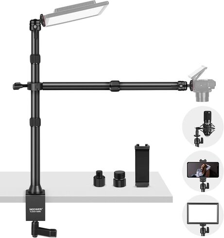 NEEWER TL253A+DS001 Table Camera Tripod with 2 Telescopic Arms & PA001Metal Phone Tripod Mount, Desk Light Stand with Phone Holder, Ball Heads, Screw Adapter for Camera Webcam Ring Light in Saudi Arabia