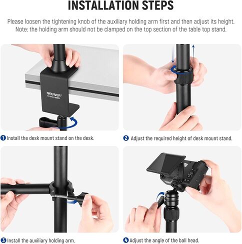 NEEWER TL253A+DS001 Table Camera Tripod with 2 Telescopic Arms & PA001Metal Phone Tripod Mount, Desk Light Stand with Phone Holder, Ball Heads, Screw Adapter for Camera Webcam Ring Light in Saudi Arabia