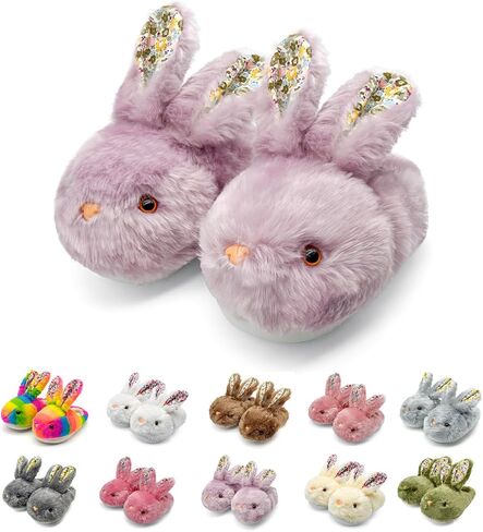 Women's Fluffy Rabbit Slippers with Floral Ears Plush Bunny Bedroom House Shoes Plus Size Adult Cotton Cute Indoor Winter Non Slip Animal Slipper for Men Girls Youth in Saudi Arabia