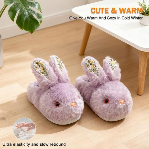 Women's Fluffy Rabbit Slippers with Floral Ears Plush Bunny Bedroom House Shoes Plus Size Adult Cotton Cute Indoor Winter Non Slip Animal Slipper for Men Girls Youth in Saudi Arabia