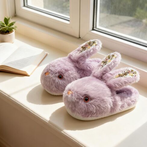 Women's Fluffy Rabbit Slippers with Floral Ears Plush Bunny Bedroom House Shoes Plus Size Adult Cotton Cute Indoor Winter Non Slip Animal Slipper for Men Girls Youth in Saudi Arabia