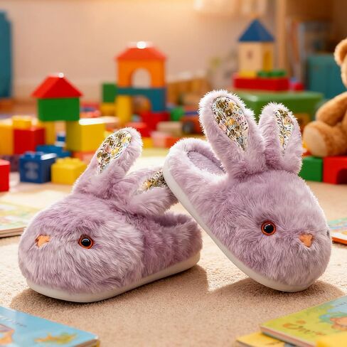 Women's Fluffy Rabbit Slippers with Floral Ears Plush Bunny Bedroom House Shoes Plus Size Adult Cotton Cute Indoor Winter Non Slip Animal Slipper for Men Girls Youth in Saudi Arabia