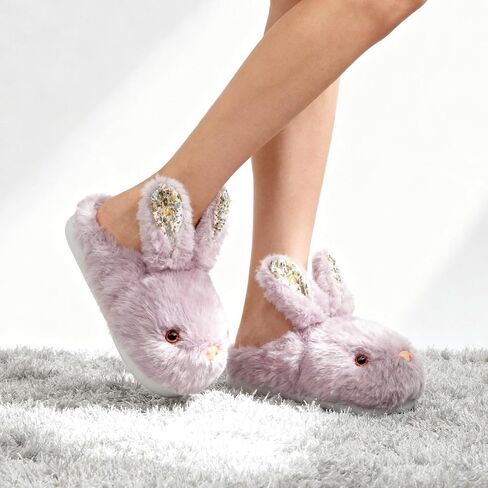 Women's Fluffy Rabbit Slippers with Floral Ears Plush Bunny Bedroom House Shoes Plus Size Adult Cotton Cute Indoor Winter Non Slip Animal Slipper for Men Girls Youth in Saudi Arabia