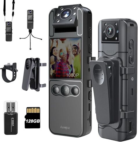 128G4K Body Cam with 180°Rotating Lens,Bike Camera with Audio and Video Recording,Sport Camera with 6hrs Battery,Night Vision,Wearable Cam for Pet,Office,Security Police Law Enforcement (H82-4K-128G) in Kuwait