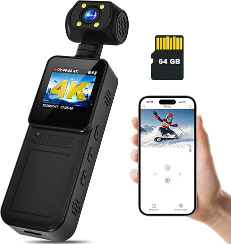 كاميرا الجسم بدقة 4K مع دعم WiFi للرؤية الليلية وعدسة قابلة للدوران 180 درجة كاميرا جيب صغيرة يمكن ارتداؤها كاميرا جيب فيديو وصوت للرياضة الخارجية والدراجة والسفر الشخصي المدني (64 جيجابايت) in Kuwait
