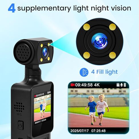 كاميرا الجسم بدقة 4K مع دعم WiFi للرؤية الليلية وعدسة قابلة للدوران 180 درجة كاميرا جيب صغيرة يمكن ارتداؤها كاميرا جيب فيديو وصوت للرياضة الخارجية والدراجة والسفر الشخصي المدني (64 جيجابايت) in Kuwait