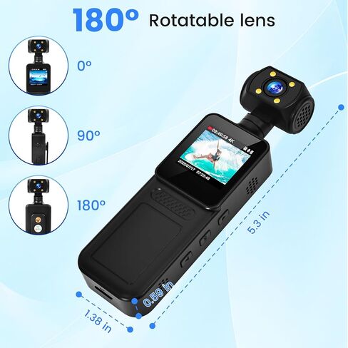 كاميرا الجسم بدقة 4K مع دعم WiFi للرؤية الليلية وعدسة قابلة للدوران 180 درجة كاميرا جيب صغيرة يمكن ارتداؤها كاميرا جيب فيديو وصوت للرياضة الخارجية والدراجة والسفر الشخصي المدني (64 جيجابايت) in Kuwait