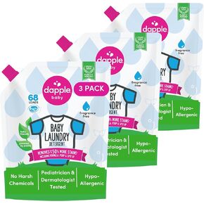 Dapple Baby Laundry Detergent, Powered by Plants, Concentrated, Hypoallergenic, Fragrance Free, Eco-Friendly Pouch, Stain Remover, 34 Fl Oz (3 Pack) in Kuwait