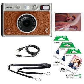 FUJIFILM INSTAX Mini EVO Hybrid Instant Camera | Brown Bundle with Fujifilm Instax Mini Instant Film | 60 Exposures + Microfiber Cleaning Cloth (3 Items) in Kuwait
