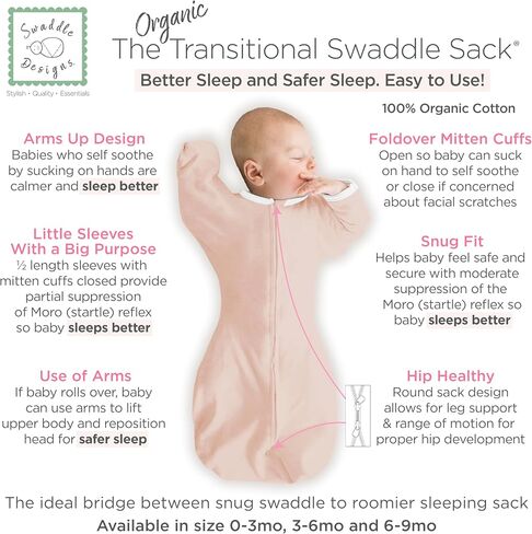 كيس قماط عضوي انتقالي من SwaddleDesigns، قماط للأذرع بأكمام نصف طول وأساور قفازات، متوسط، 3-6 أشهر، 14-21 رطل، الجاديت الناعم in Kuwait