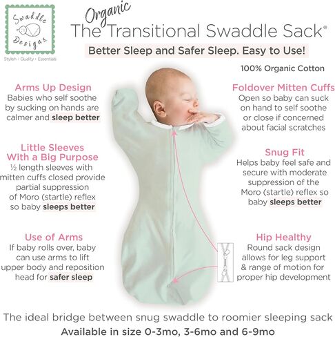 كيس قماط عضوي انتقالي من SwaddleDesigns، قماط للأذرع بأكمام نصف طول وأساور قفازات، متوسط، 3-6 أشهر، 14-21 رطل، الجاديت الناعم in Kuwait