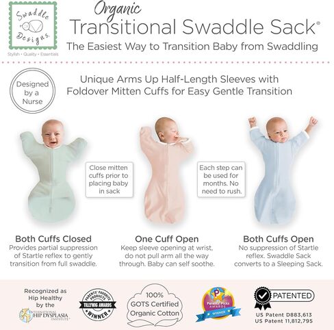 كيس قماط عضوي انتقالي من SwaddleDesigns، قماط للأذرع بأكمام نصف طول وأساور قفازات، متوسط، 3-6 أشهر، 14-21 رطل، الجاديت الناعم in Kuwait
