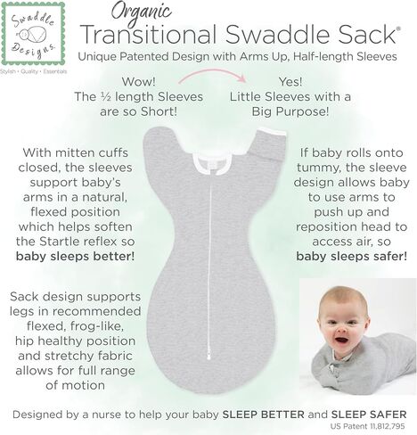 كيس قماط عضوي انتقالي من SwaddleDesigns، قماط للأذرع بأكمام نصف طول وأساور قفازات، متوسط، 3-6 أشهر، 14-21 رطل، الجاديت الناعم in Kuwait
