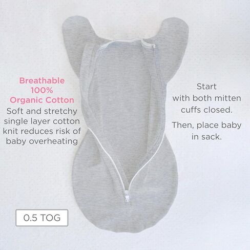 كيس قماط عضوي انتقالي من SwaddleDesigns، قماط للأذرع بأكمام نصف طول وأساور قفازات، متوسط، 3-6 أشهر، 14-21 رطل، الجاديت الناعم in Kuwait