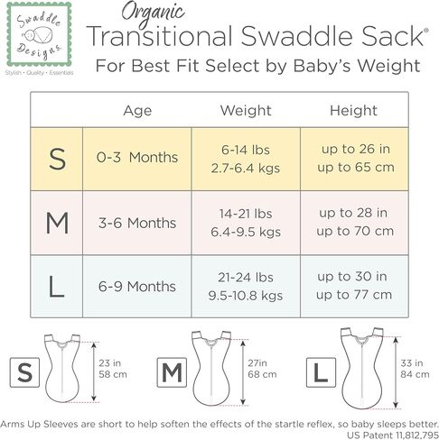 كيس قماط عضوي انتقالي من SwaddleDesigns، قماط للأذرع بأكمام نصف طول وأساور قفازات، متوسط، 3-6 أشهر، 14-21 رطل، الجاديت الناعم in Kuwait
