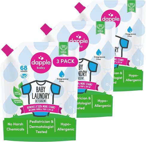 Dapple Baby Laundry Detergent, Powered by Plants, Concentrated, Hypoallergenic, Fragrance Free, Eco-Friendly Pouch, Stain Remover, 34 Fl Oz (3 Pack) in Kuwait