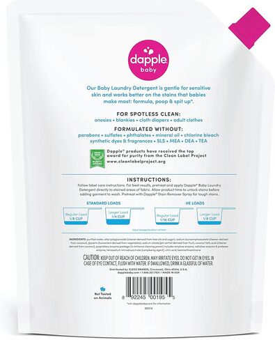 Dapple Baby Laundry Detergent, Powered by Plants, Concentrated, Hypoallergenic, Fragrance Free, Eco-Friendly Pouch, Stain Remover, 34 Fl Oz (3 Pack) in Kuwait