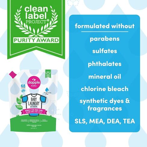 Dapple Baby Laundry Detergent, Powered by Plants, Concentrated, Hypoallergenic, Fragrance Free, Eco-Friendly Pouch, Stain Remover, 34 Fl Oz (3 Pack) in Kuwait