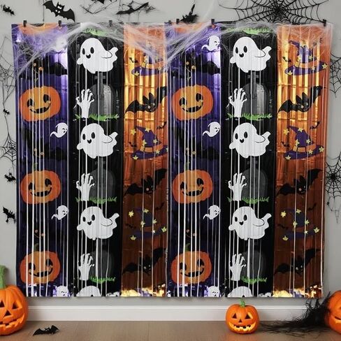 Halloween Party Decorations,Foil Fringe Curtain Set, 2 Pack, 3.3x6.6ft, Halloween Photo Backdrop Streamers Party Supplies, with Ghost Pumpkin Pattern in Saudi Arabia