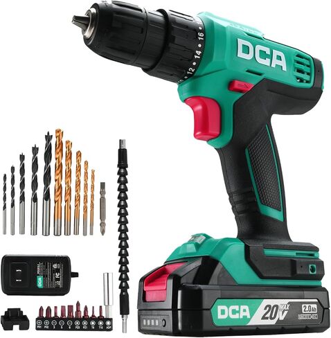 DCA Cordless Drill Set, 336 in-lbs Torque, 3/8" Keyless Chuck, Electric Power Drill with 2.0Ah Battery and Charger,18+1 Position,25-Piece 20V Drill Driver Kit, ADJZ2035 (Renewed) in Saudi Arabia