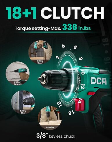 DCA Cordless Drill Set, 336 in-lbs Torque, 3/8" Keyless Chuck, Electric Power Drill with 2.0Ah Battery and Charger,18+1 Position,25-Piece 20V Drill Driver Kit, ADJZ2035 (Renewed) in Saudi Arabia