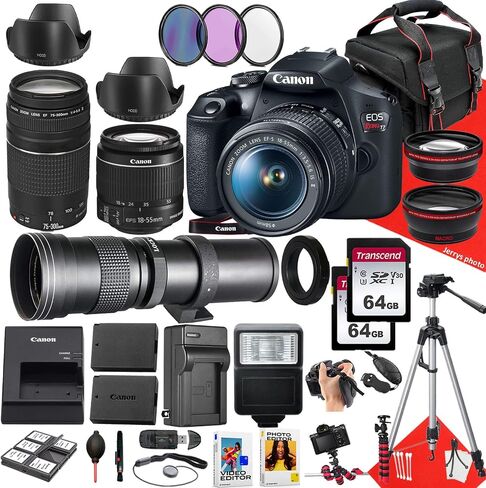 كاميرا Canon EOS Rebel T7 DSLR مع عدسة Canon EF-S 18-55mm f/3.5-5.6 is II وعدسة EF 75-300mm f/4-5.6 III و420-800mm f/8.3 HD + ذاكرة 128 جيجابايت + مرشحات + المزيد (حزمة 36 قطعة) (متجددة)، أسود in Saudi Arabia