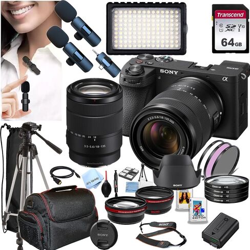 Sony a6700 Mirrorless Camera with 18-135mm Lens + 64GB Memory,Wireless Lavalier Microphones, 126 LED Light, Filters,Case, Tripod, and More (34pc Bundle) in Saudi Arabia