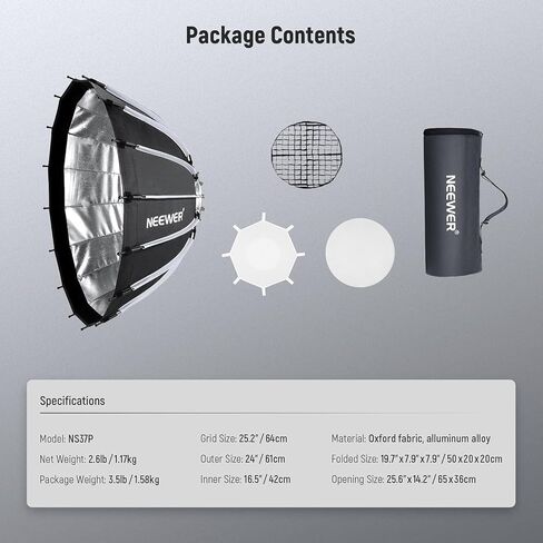 NEEWER Basics Parabolic Softbox Kit, 26"/65cm Bowens Mount Soft Box with Light Diffusers for Studio Photography Video Recording Streaming Lighting Compatible with Godox Compatible with Aputure, NS37P in Saudi Arabia