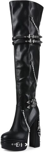 Feinlina Thigh High Boots for Women Block Heel with Trendy Buckles for Clubs Over The Knee Fashion Boots in Saudi Arabia