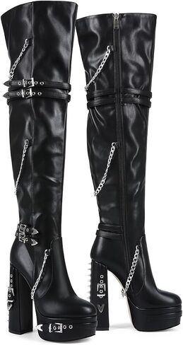 Feinlina Thigh High Boots for Women Block Heel with Trendy Buckles for Clubs Over The Knee Fashion Boots in Saudi Arabia