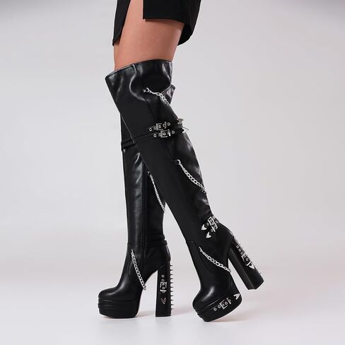 Feinlina Thigh High Boots for Women Block Heel with Trendy Buckles for Clubs Over The Knee Fashion Boots in Saudi Arabia