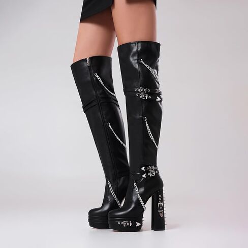 Feinlina Thigh High Boots for Women Block Heel with Trendy Buckles for Clubs Over The Knee Fashion Boots in Saudi Arabia