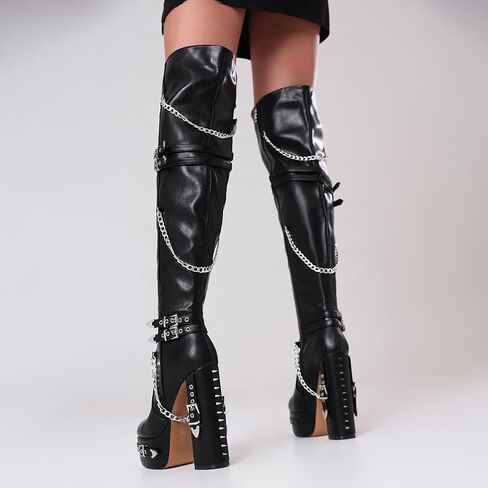 Feinlina Thigh High Boots for Women Block Heel with Trendy Buckles for Clubs Over The Knee Fashion Boots in Saudi Arabia