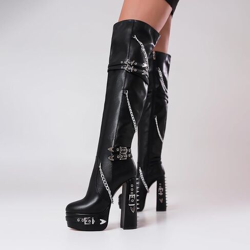 Feinlina Thigh High Boots for Women Block Heel with Trendy Buckles for Clubs Over The Knee Fashion Boots in Saudi Arabia