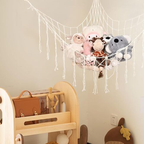 White Large Stuffed Animal Storage Hammock, Plushie Toy Net Corner Hanging Organizer Toys Mesh Room Decor Space Saving Furniture for Small Spaces in Saudi Arabia