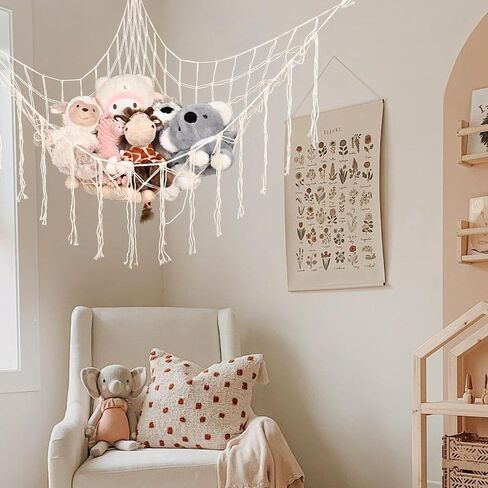 White Large Stuffed Animal Storage Hammock, Plushie Toy Net Corner Hanging Organizer Toys Mesh Room Decor Space Saving Furniture for Small Spaces in Saudi Arabia
