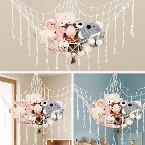White Large Stuffed Animal Storage Hammock, Plushie Toy Net Corner Hanging Organizer Toys Mesh Room Decor Space Saving Furniture for Small Spaces in Saudi Arabia