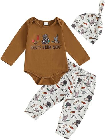 Newborn Baby Boy Hunting Clothes Mallard Duck Deer Print Romper and Pants Set Hat 3Pcs Fall Coming Home Outfit in Saudi Arabia