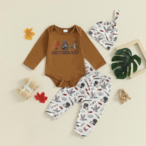 Newborn Baby Boy Hunting Clothes Mallard Duck Deer Print Romper and Pants Set Hat 3Pcs Fall Coming Home Outfit in Saudi Arabia