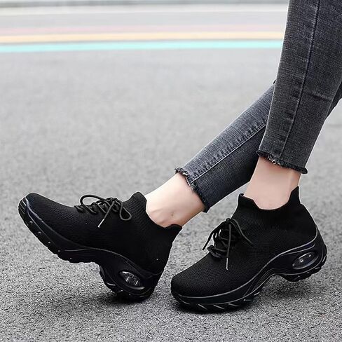 Womens Orthopedic Elastic Sock Air-Cushion Sneakers Comfortable Slip On Lace-Up Walking Shoes with Arch Support for Outdoor Walking Running Casual Daily in Saudi Arabia