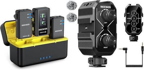 NEEWER CM28 PRO نظام ميكروفون لاسلكي Lavalier Lapel مع علبة شحن + MM01 محول ميكروفون ثنائي القناة لخلاط الصوت، إلغاء الضوضاء 9 ساعات ميكروفون متوافق مع iPhone iPad Android Camera PC in Saudi Arabia