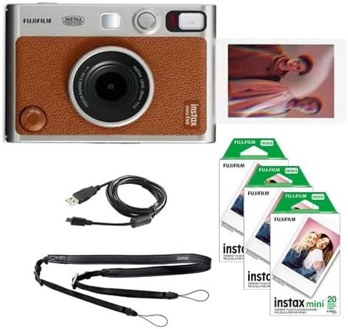 FUJIFILM INSTAX Mini EVO Hybrid Instant Camera | Brown Bundle with Fujifilm Instax Mini Instant Film | 60 Exposures + Microfiber Cleaning Cloth (3 Items) in Saudi Arabia