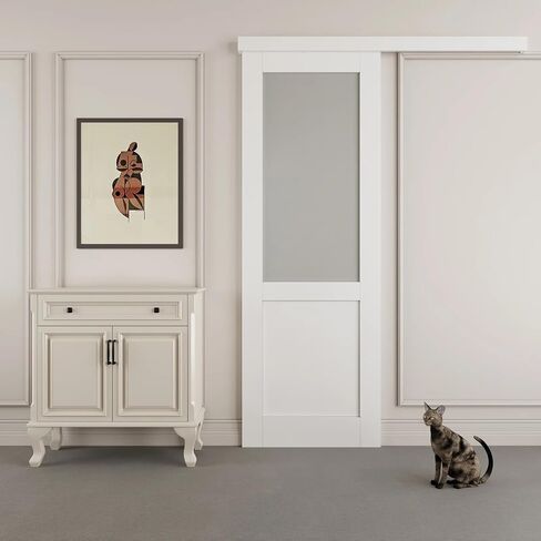 80" Hidden Style Track Frosted Half Glass and Manufacture Wood Sliding Barn Door with Hardware Kit（No Assembly Required）,18" x 80" in Saudi Arabia