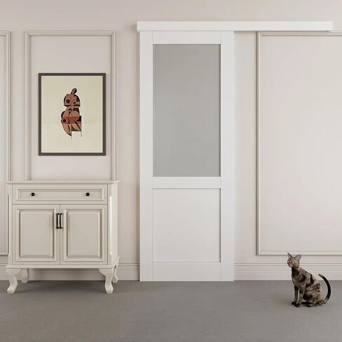 80" Hidden Style Track Frosted Half Glass and Manufacture Wood Sliding Barn Door with Hardware Kit（No Assembly Required）,18" x 80" in Saudi Arabia