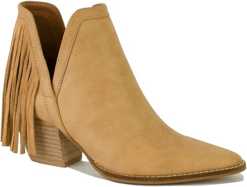 Women's V Cut Ankle Boots Fringe Boots Pointed Toe Boots Cut Out Slip On Short Boots Stacked Heel Booties Cowgirl Boots in Saudi Arabia